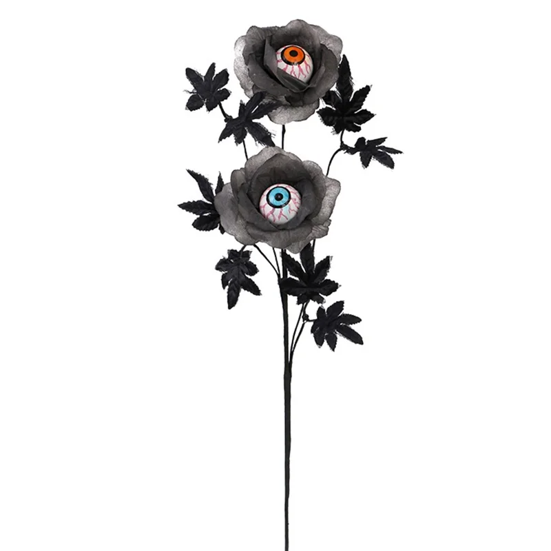 Artificial Eyeball and Rose Black Maple Leaf Stem Spooky Halloween Branch Decoration Party Prop Gifts