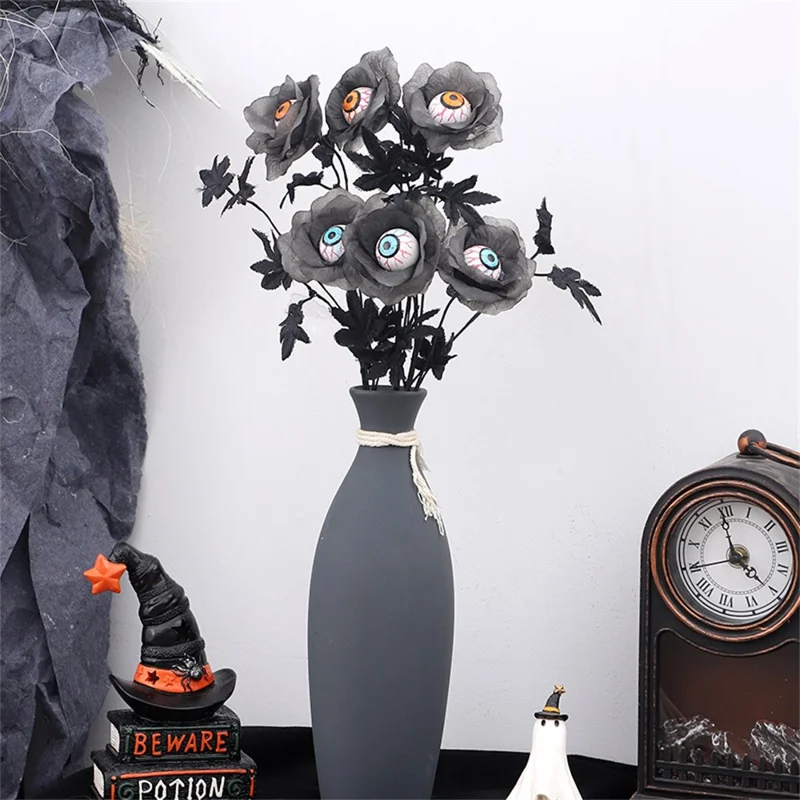 Artificial Eyeball and Rose Black Maple Leaf Stem Spooky Halloween Branch Decoration Party Prop Gifts