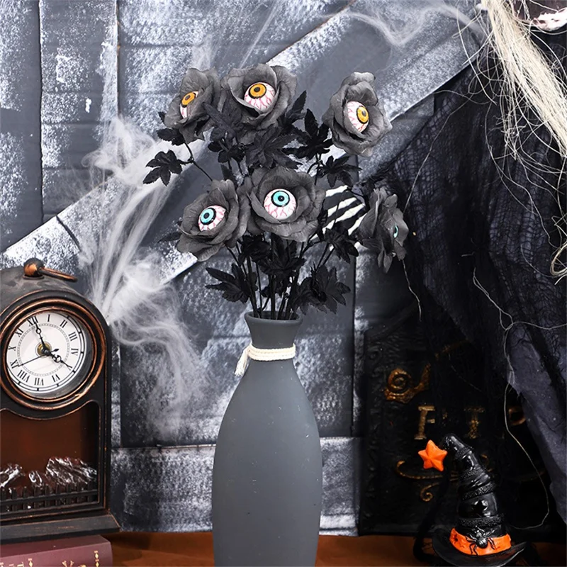 Artificial Eyeball and Rose Black Maple Leaf Stem Spooky Halloween Branch Decoration Party Prop Gifts