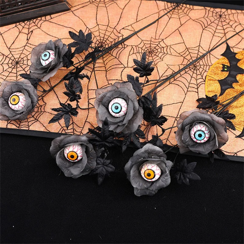 Artificial Eyeball and Rose Black Maple Leaf Stem Spooky Halloween Branch Decoration Party Prop Gifts