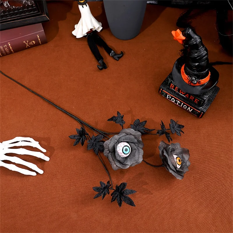 Artificial Eyeball and Rose Black Maple Leaf Stem Spooky Halloween Branch Decoration Party Prop Gifts