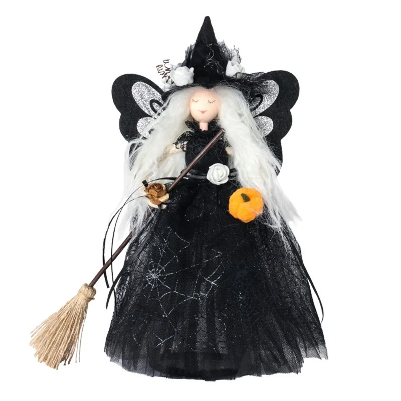 Halloween Witch with Flying Broom Doll Tree Topper Desktop Ornament Party Gift Decoration - Black