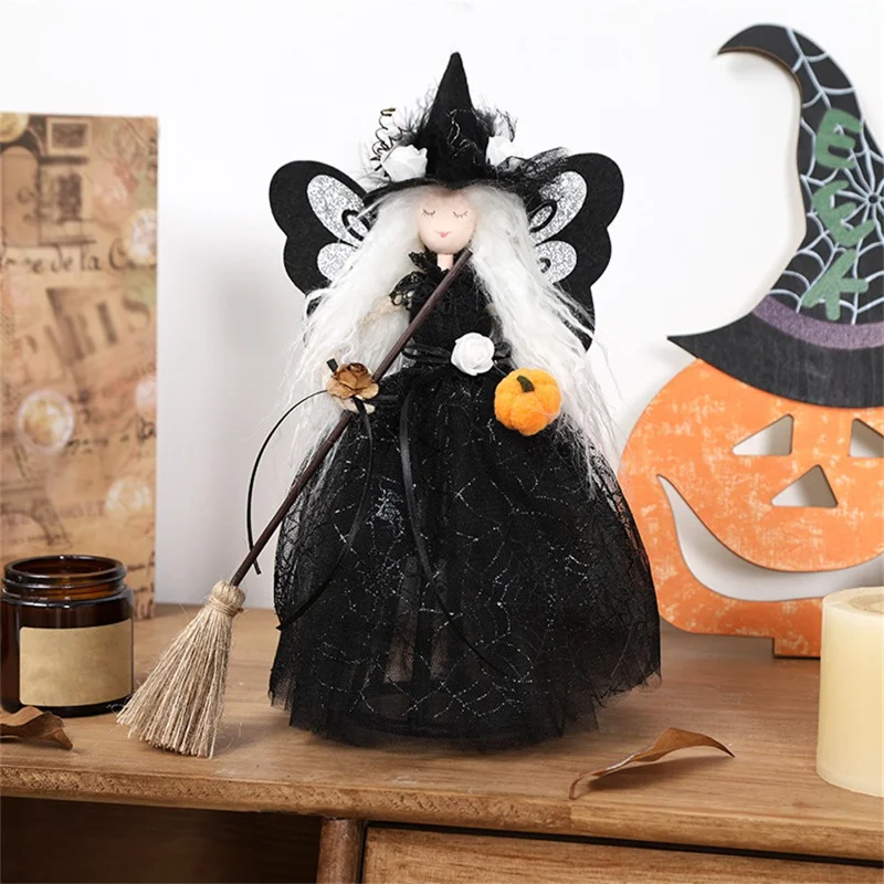 Halloween Witch with Flying Broom Doll Tree Topper Desktop Ornament Party Gift Decoration - Black