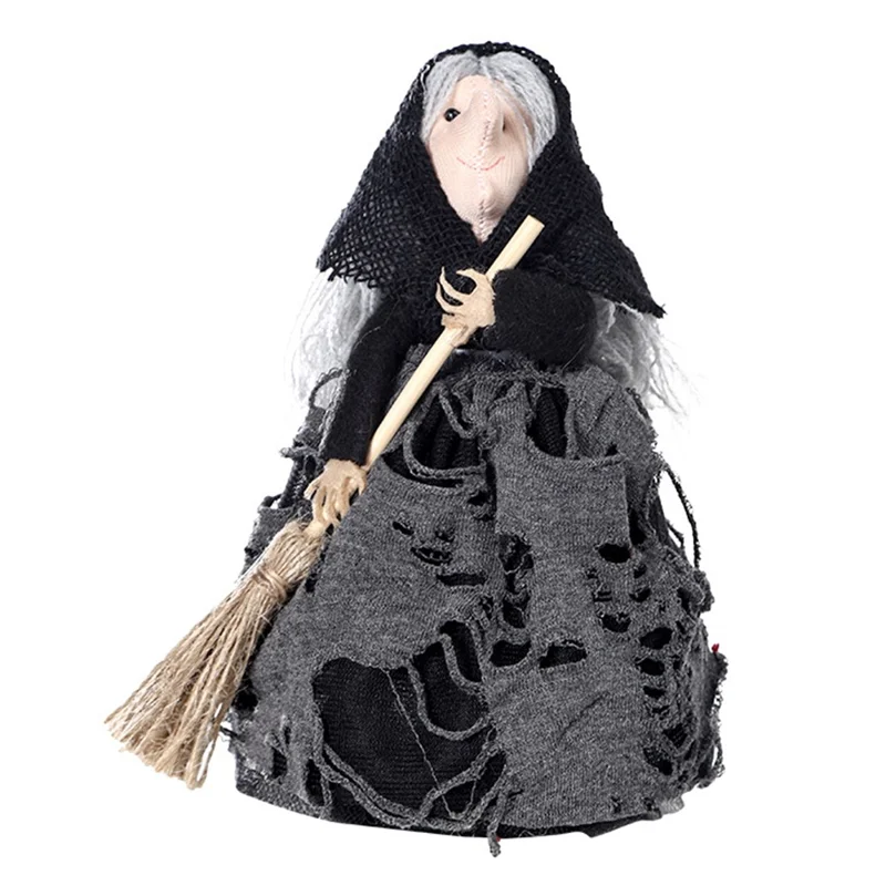 Non Woven Fabric Witch with Broom Tree Topper Halloween Ornament Party Gift Decoration - Black