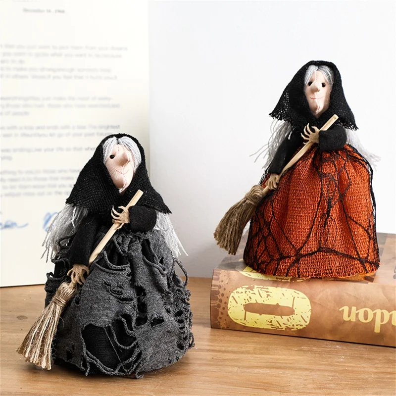 Non Woven Fabric Witch with Broom Tree Topper Halloween Ornament Party Gift Decoration - Black