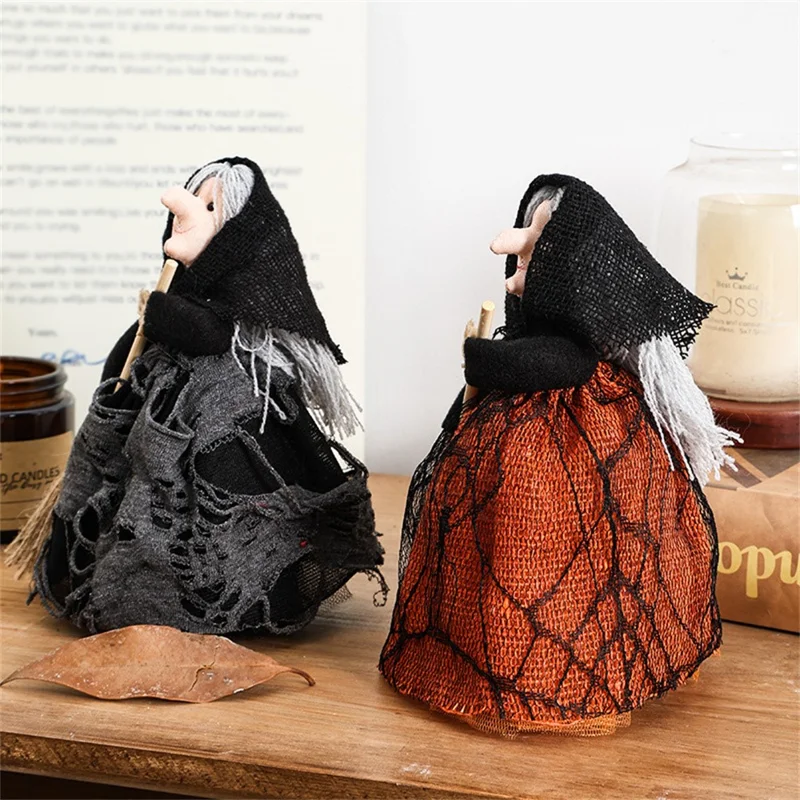 Non Woven Fabric Witch with Broom Tree Topper Halloween Ornament Party Gift Decoration - Black