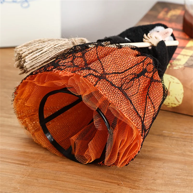 Non Woven Fabric Witch with Broom Tree Topper Halloween Ornament Party Gift Decoration - Black