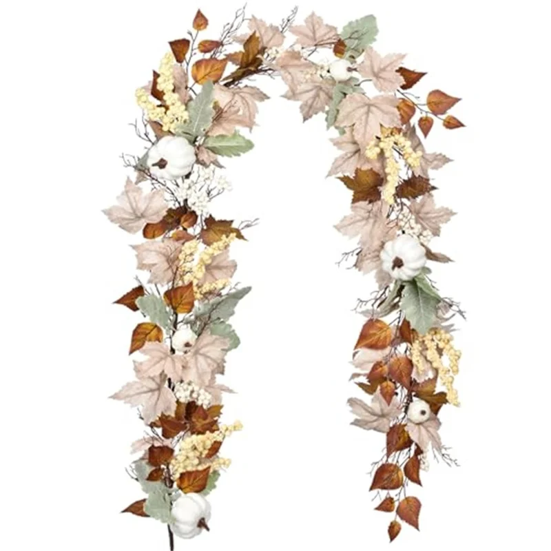 QT650 6ft Artificial Maple Leaves Fall Foliage Garland with White Pumpkins Table Decor for Thanksgiving Day Gift