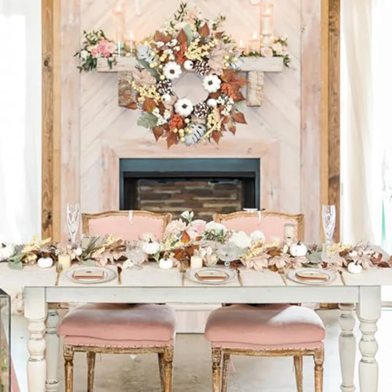 QT650 6ft Artificial Maple Leaves Fall Foliage Garland with White Pumpkins Table Decor for Thanksgiving Day Gift