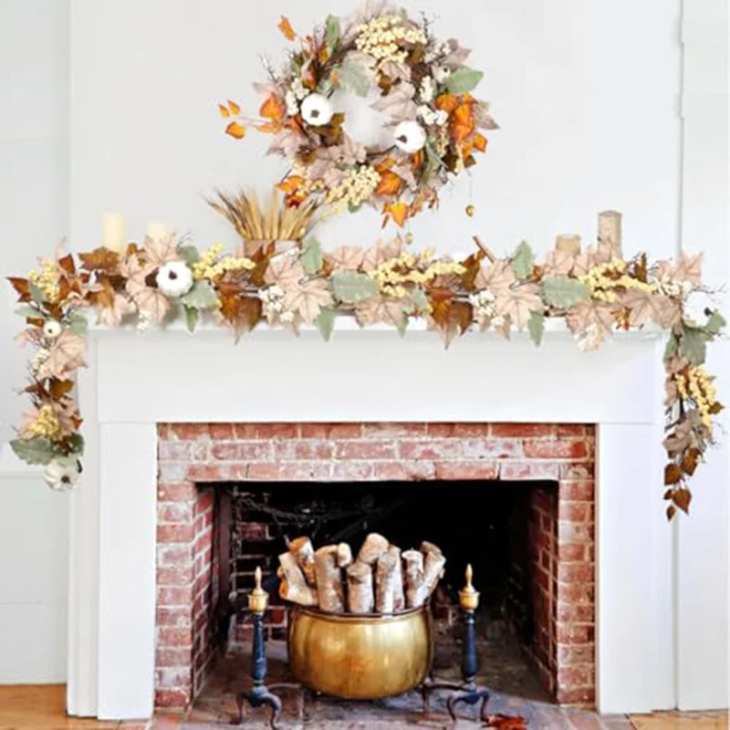 QT650 6ft Artificial Maple Leaves Fall Foliage Garland with White Pumpkins Table Decor for Thanksgiving Day Gift