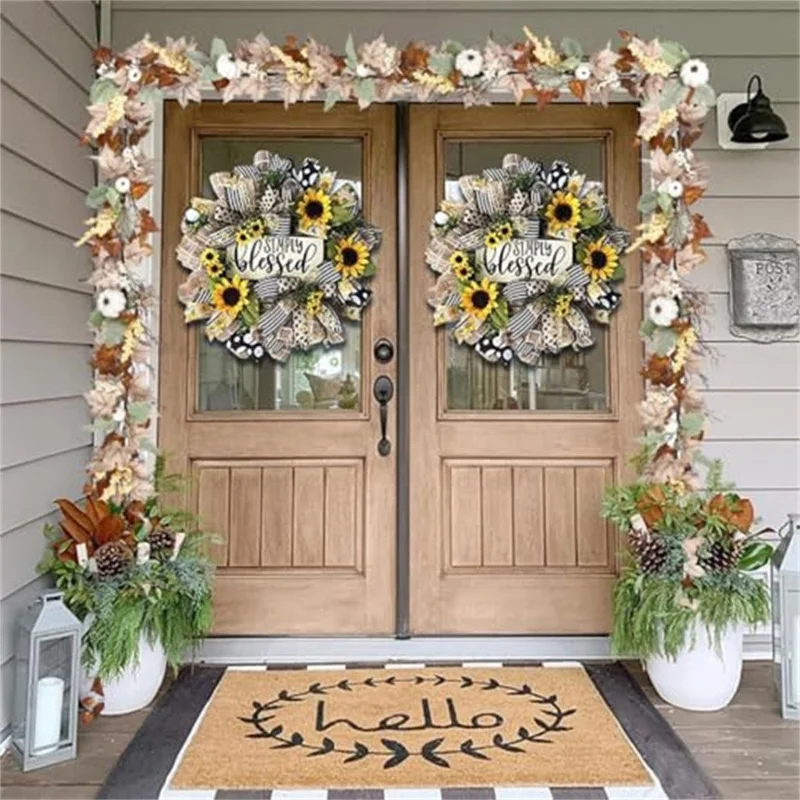 QT650 6ft Artificial Maple Leaves Fall Foliage Garland with White Pumpkins Table Decor for Thanksgiving Day Gift