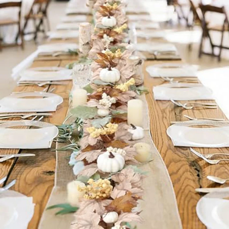 QT650 6ft Artificial Maple Leaves Fall Foliage Garland with White Pumpkins Table Decor for Thanksgiving Day Gift