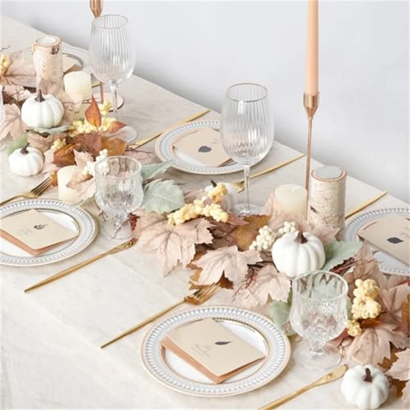 QT650 6ft Artificial Maple Leaves Fall Foliage Garland with White Pumpkins Table Decor for Thanksgiving Day Gift