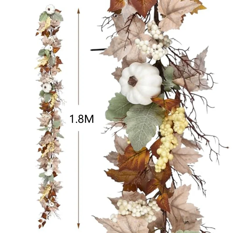QT650 6ft Artificial Maple Leaves Fall Foliage Garland with White Pumpkins Table Decor for Thanksgiving Day Gift