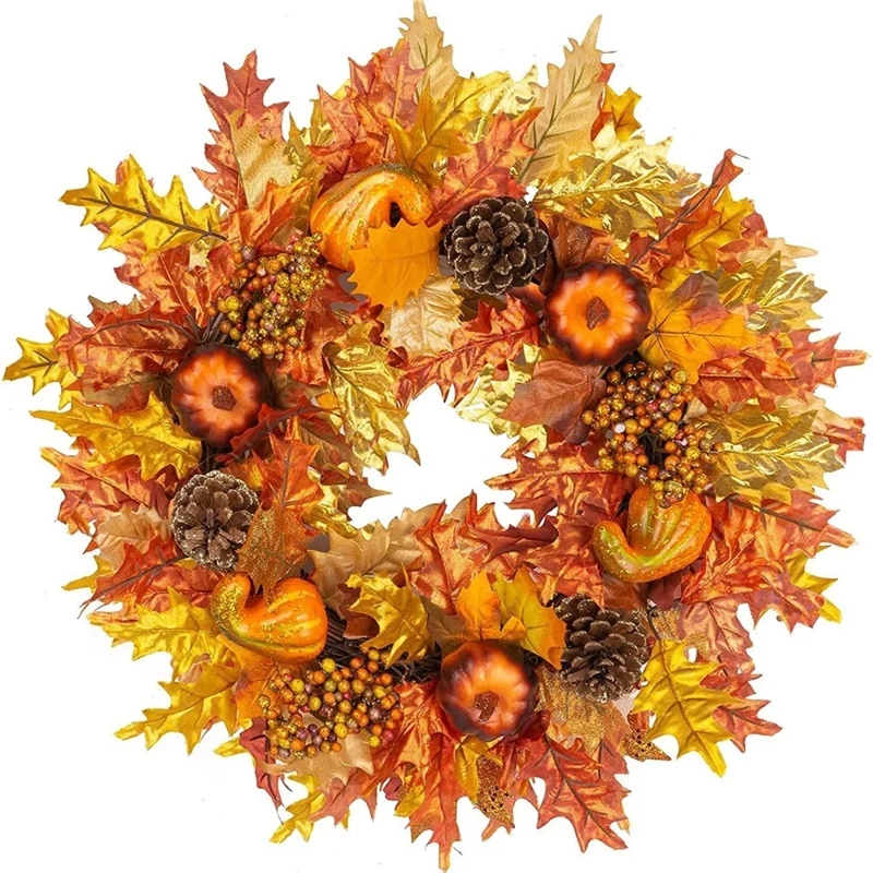 QH389 45cm Artificial Maple Leaves with Pumpkins Pinecones and Berries Halloween Wreath Autumn Harvest Decor Gift