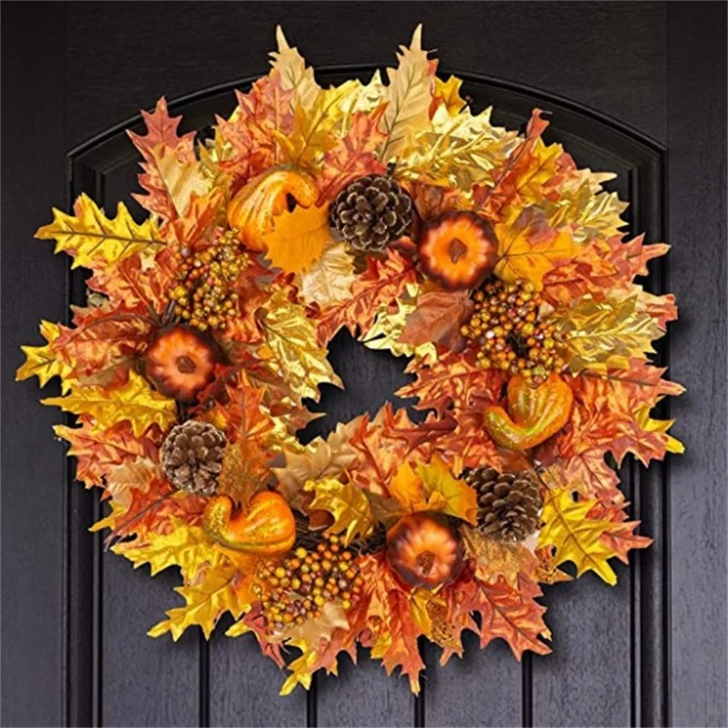 QH389 45cm Artificial Maple Leaves with Pumpkins Pinecones and Berries Halloween Wreath Autumn Harvest Decor Gift
