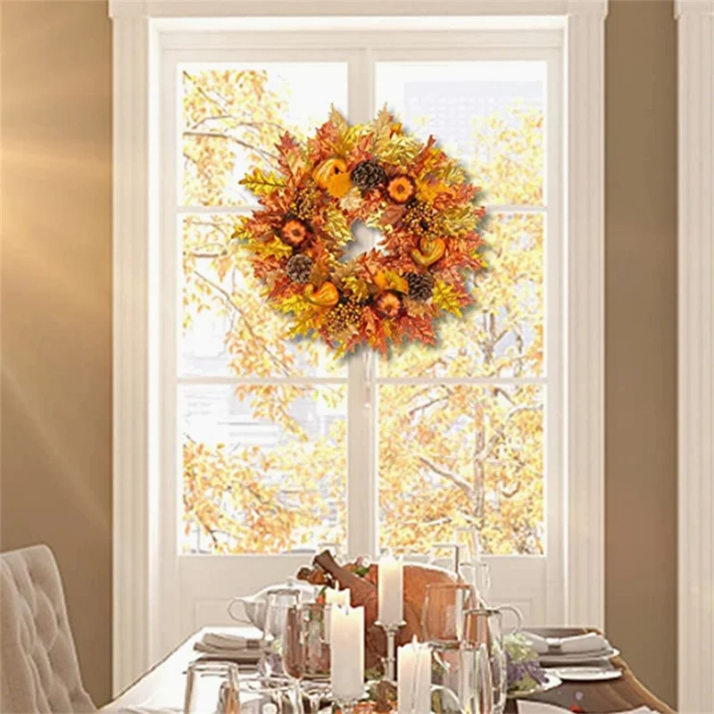 QH389 45cm Artificial Maple Leaves with Pumpkins Pinecones and Berries Halloween Wreath Autumn Harvest Decor Gift