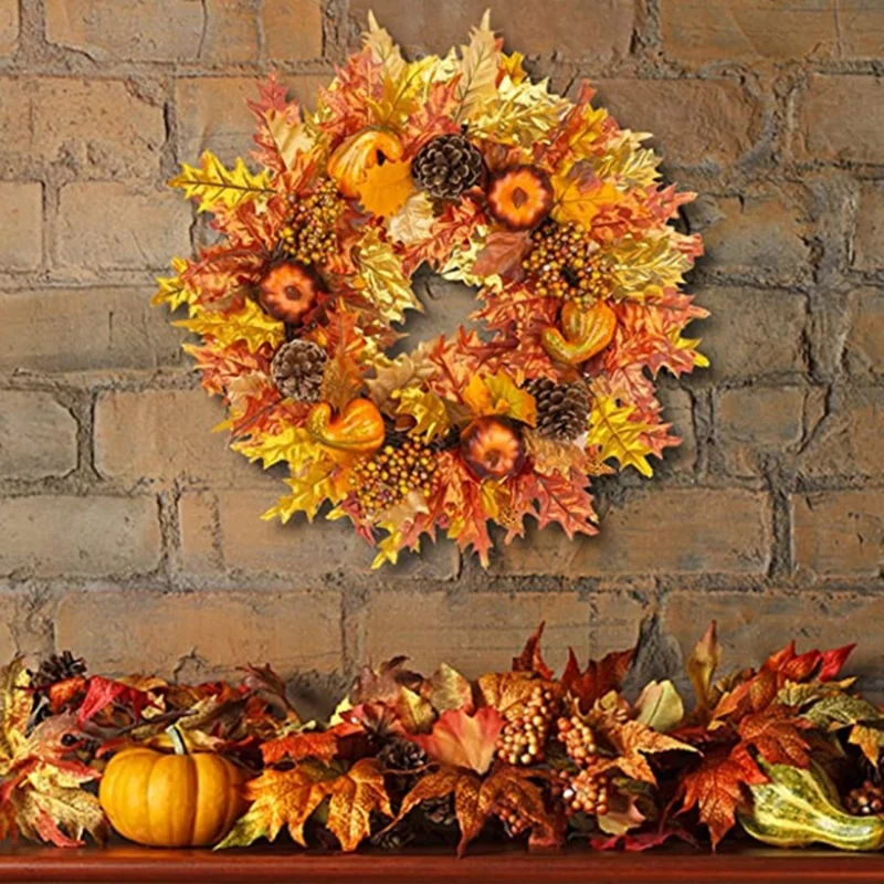 QH389 45cm Artificial Maple Leaves with Pumpkins Pinecones and Berries Halloween Wreath Autumn Harvest Decor Gift