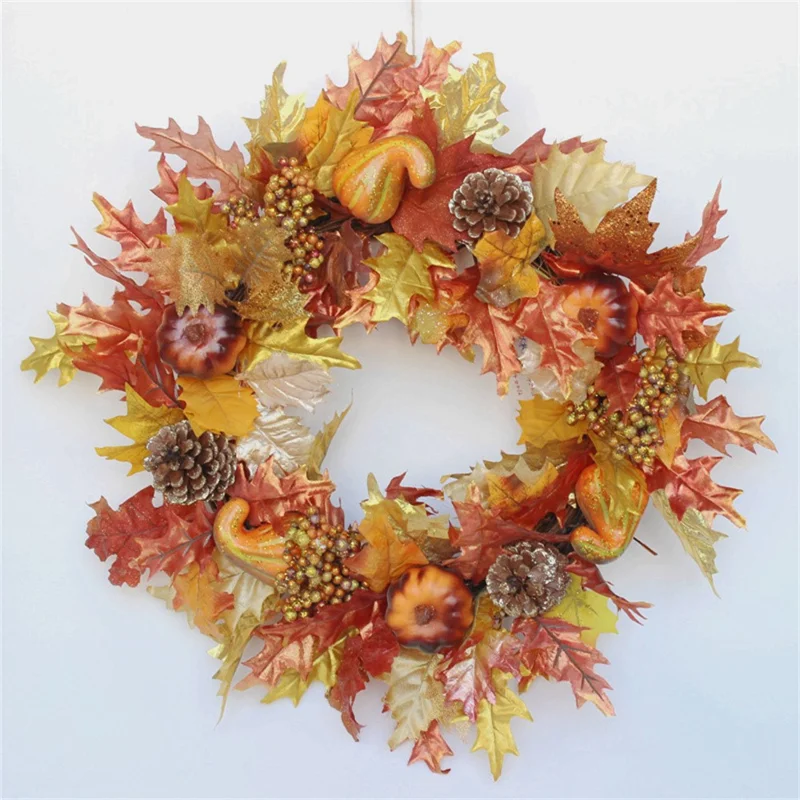 QH389 45cm Artificial Maple Leaves with Pumpkins Pinecones and Berries Halloween Wreath Autumn Harvest Decor Gift