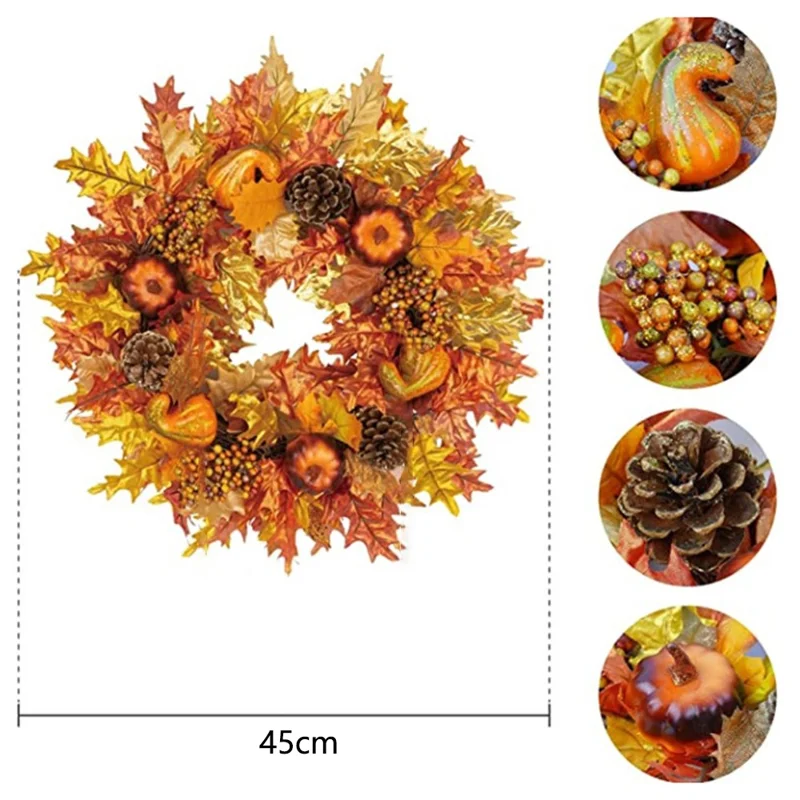 QH389 45cm Artificial Maple Leaves with Pumpkins Pinecones and Berries Halloween Wreath Autumn Harvest Decor Gift