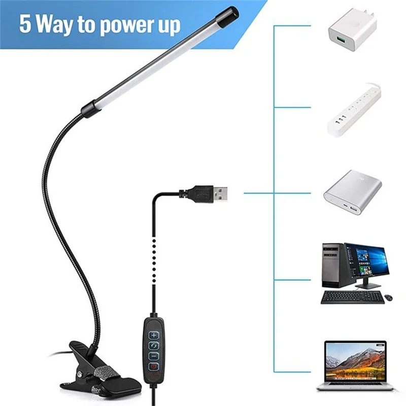 LED Desk Lamp Eye-Care for Students Dorm Bedroom Reading USB Clamp Flexible Gooseneck Night Light 3 Color Modes