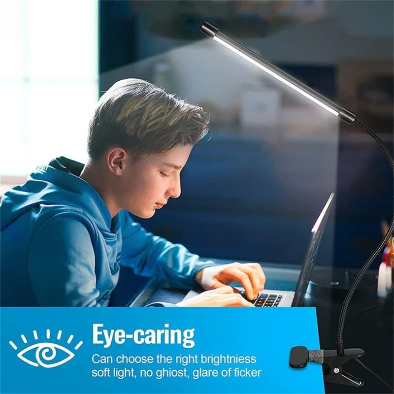 LED Desk Lamp Eye-Care for Students Dorm Bedroom Reading USB Clamp Flexible Gooseneck Night Light 3 Color Modes