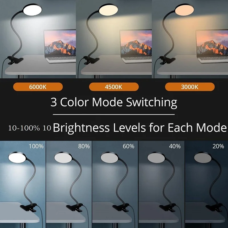 LED Desk Lamp for Students 10 Brightness 3 Color Mode Dimmable Reading Light with Clip - Black