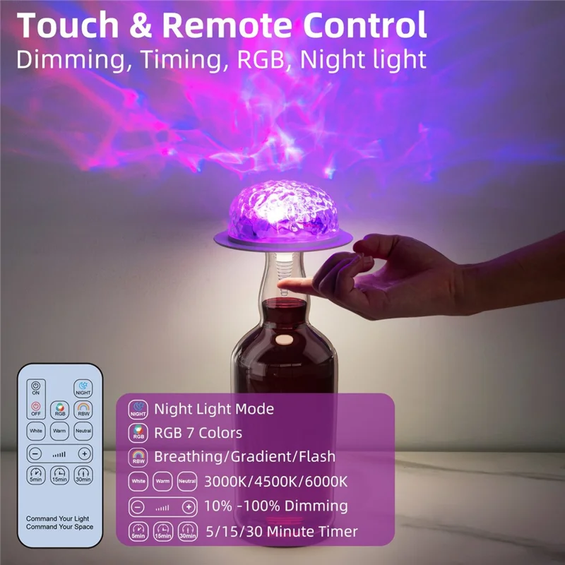Lámpara de mesa de noche con proyección RGB, control remoto, luz de botella decorativa y luz ambiente nocturna