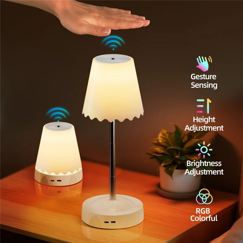 HDT001 USB Rechargeable RGB Desk Lamp Adjustable Height Gesture Sensing Dimmable Bedside Night Light - White