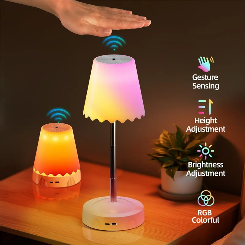 HDT001 USB Rechargeable RGB Desk Lamp Adjustable Height Gesture Sensing Dimmable Bedside Night Light - White