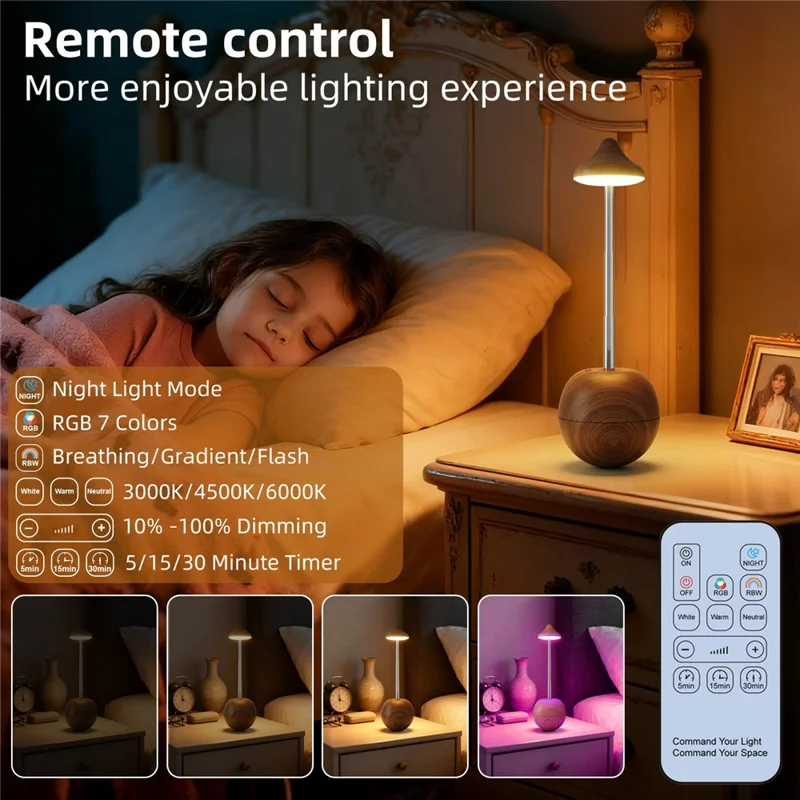 RPT001 Wood Grain Tumbler Design LED Bedside Lamp Adjustable Height Touch Control Table Light with Remote - Yellow Travertine