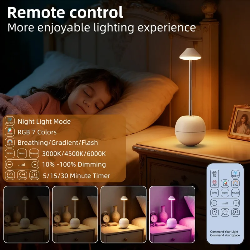 RPT002 Tumbler Design LED Night Light Adjustable Height Decorative Table Lamp Bedside Mood Lighting with Remote - White