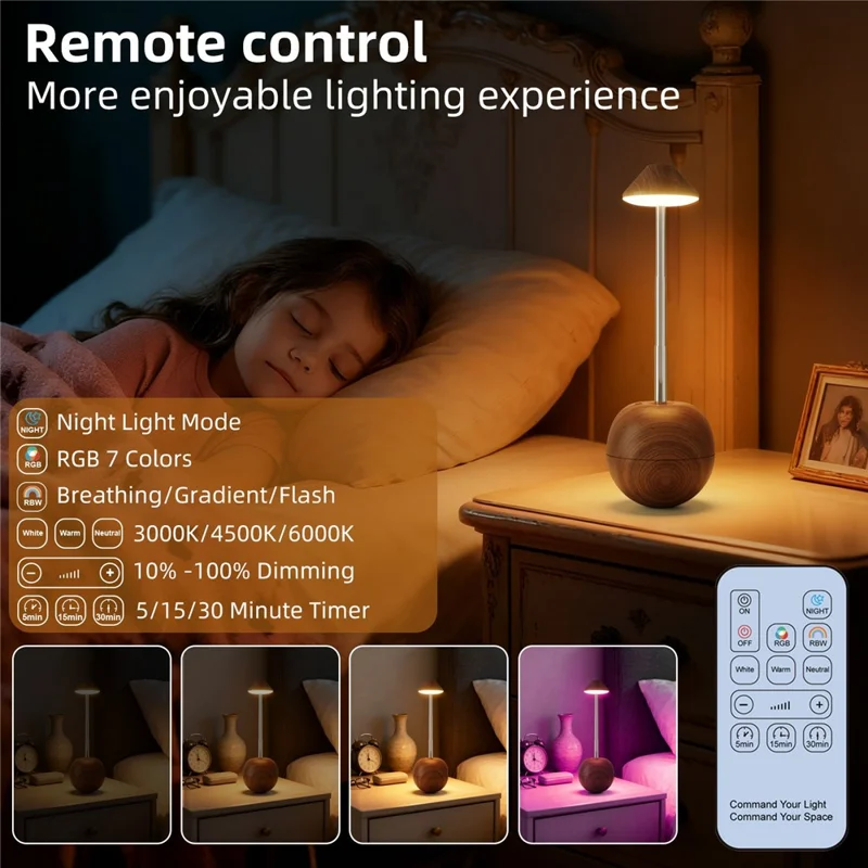 RPT002 Holzmaserung Tumbler Design LED Nachtlicht Verstellbare Höhe Dekorative Tischlampe Nachttischbeleuchtung mit Fernbedienung - Walnuss