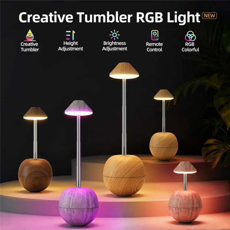RPT002 Holzmaserung Tumbler Design LED Nachtlicht Verstellbare Höhe Dekorative Tischlampe Nachttischbeleuchtung mit Fernbedienung - Walnuss