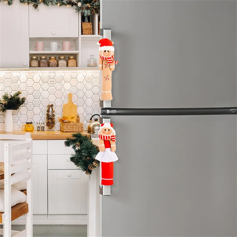 2 Pièces de Décorations de Noël Housses de Poignée de Réfrigérateur Bonhomme en Pain d'Épices Protecteurs de Poignée de Porte de Micro-ondes