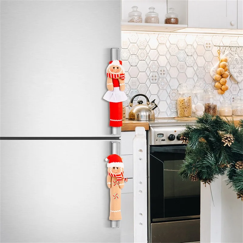 2 Pièces de Décorations de Noël Housses de Poignée de Réfrigérateur Bonhomme en Pain d'Épices Protecteurs de Poignée de Porte de Micro-ondes