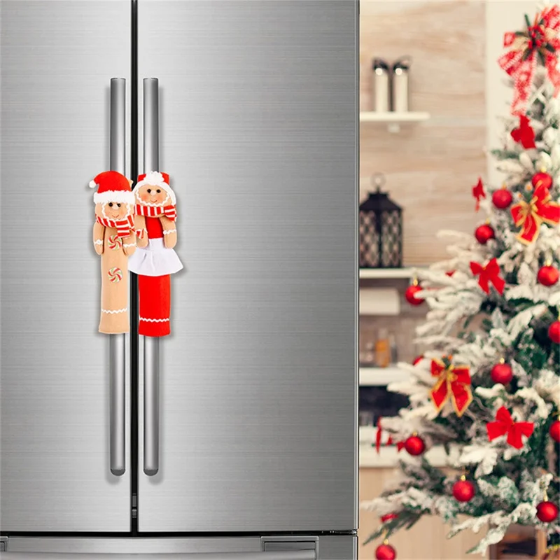 2 Pièces de Décorations de Noël Housses de Poignée de Réfrigérateur Bonhomme en Pain d'Épices Protecteurs de Poignée de Porte de Micro-ondes