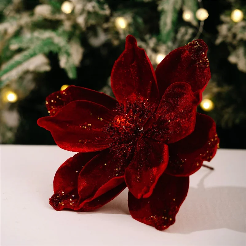 Christmas Tree Ornaments Glitter Poinsettia Decorations Hanging Flower Holiday Wreath Table Decor Gift - Red