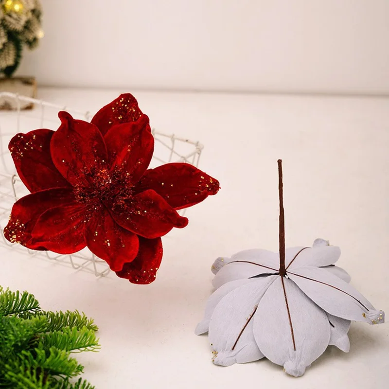 Christmas Tree Ornaments Glitter Poinsettia Decorations Hanging Flower Holiday Wreath Table Decor Gift - Red