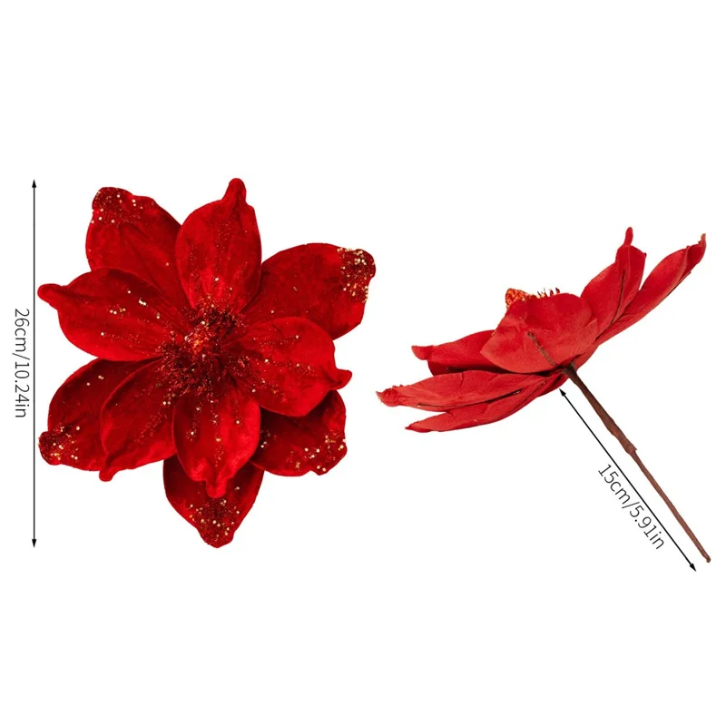 Christmas Tree Ornaments Glitter Poinsettia Decorations Hanging Flower Holiday Wreath Table Decor Gift - Red