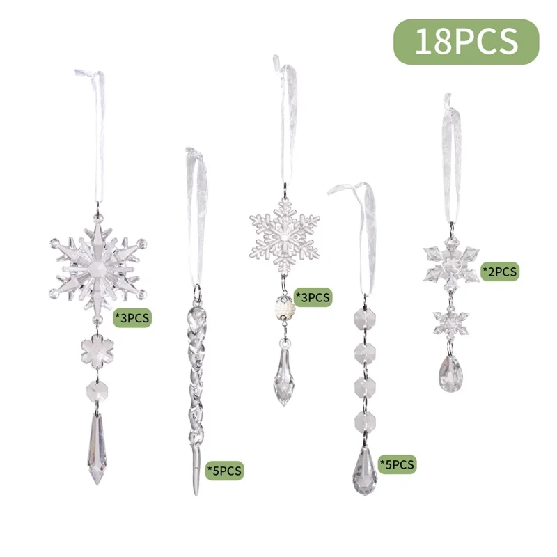 18 dele Juledekorationssæt Gennemsigtige Snefnug Bærkugler Akryl Isstalaktitter Pynt til Helligdags Gave Dekor - Gennemsigtig