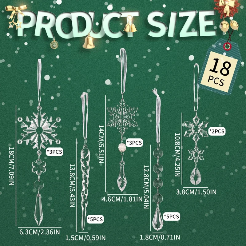 18 dele Juledekorationssæt Gennemsigtige Snefnug Bærkugler Akryl Isstalaktitter Pynt til Helligdags Gave Dekor - Gennemsigtig