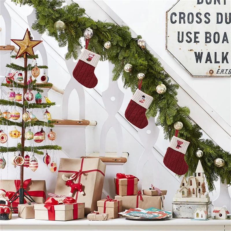 Creative Christmas Stocking Knitted Letter Embroidery DIY Name Gift Sock for Holiday Decoration - B