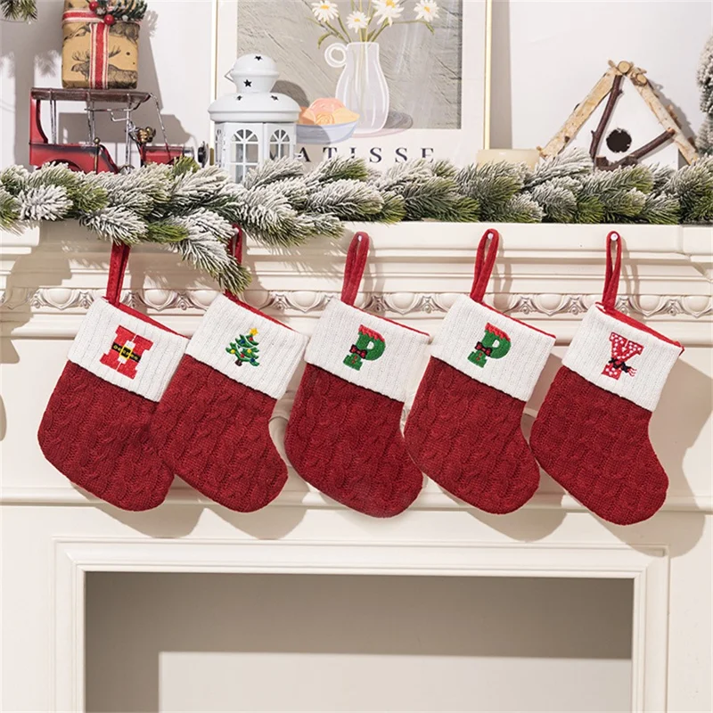 Creative Christmas Stocking Knitted Letter Embroidery DIY Name Gift Sock for Holiday Decoration - B