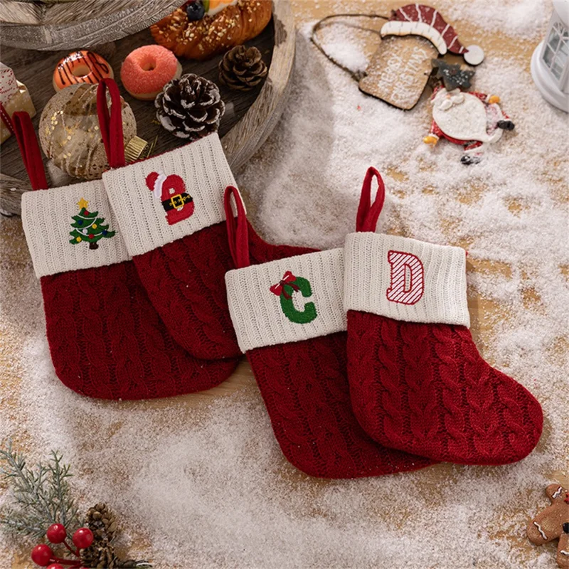 Creative Christmas Stocking Knitted Letter Embroidery DIY Name Gift Sock for Holiday Decoration - B