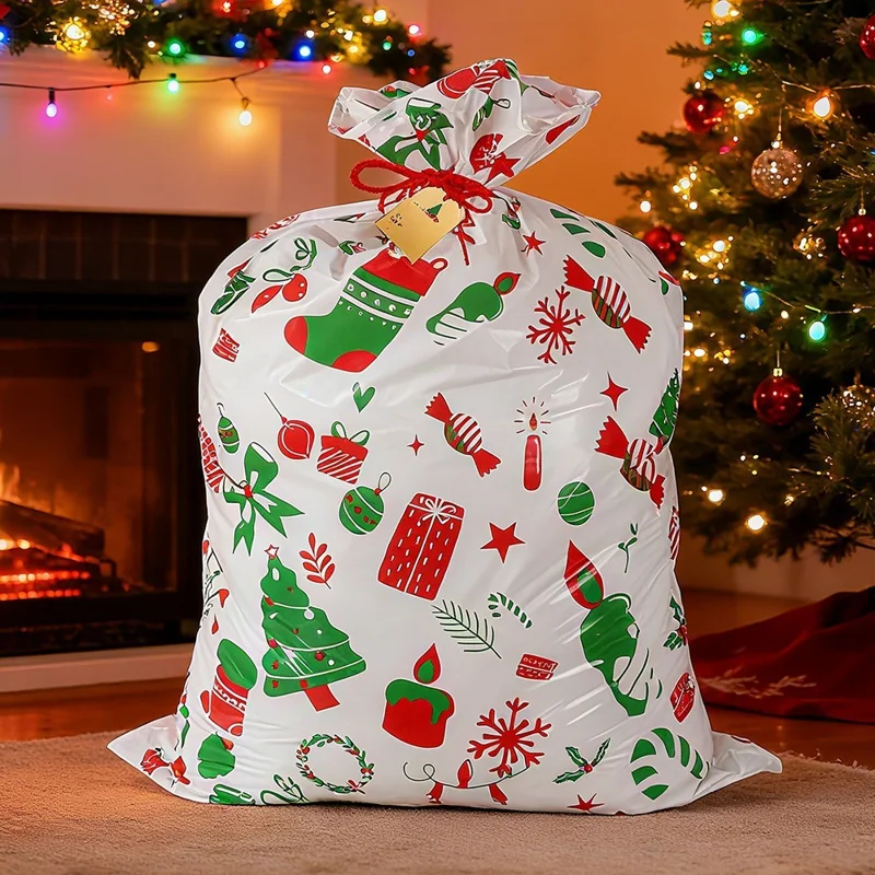 3Pcs 36 x 56 Inch Christmas Gift Bags for Holiday Party Large Size PE Packaging Bag with Hang Tag and String - White