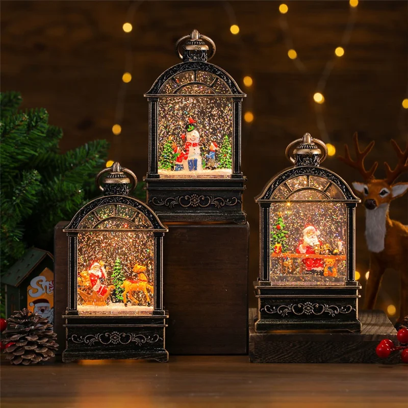 Christmas Globe Lantern Light with Music Desk Decoration Holiday Gift Glitter Snowfall - Deer and Santa Claus