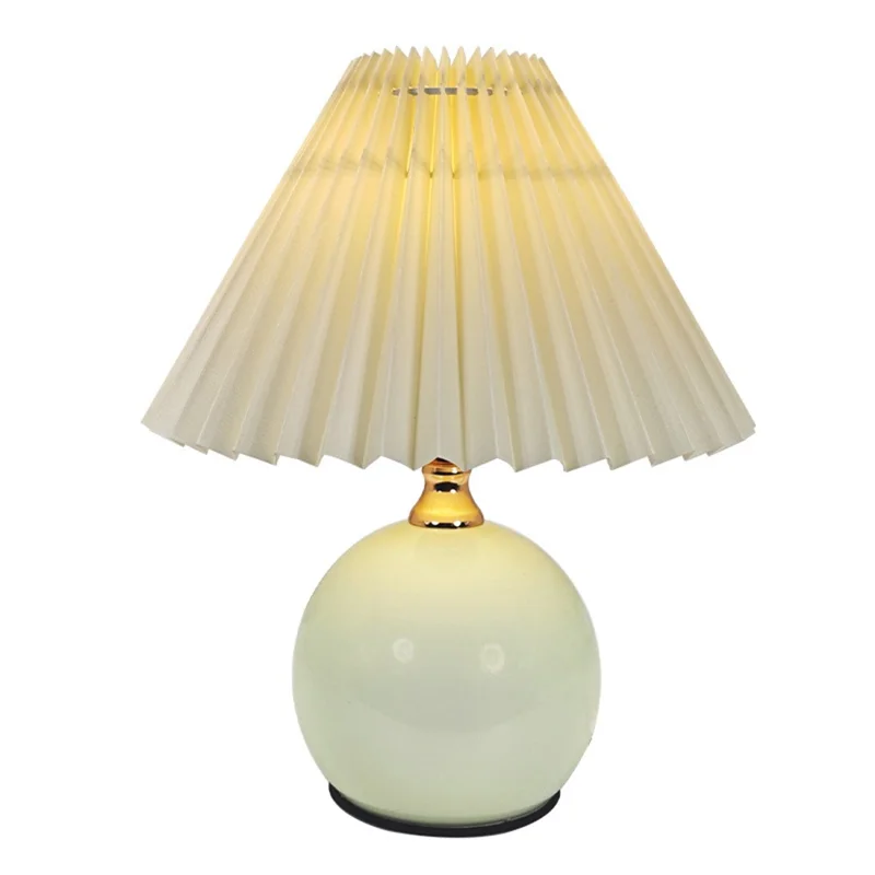 12W Pleated Table Lamp 3 Level Brightness Bedside Night Light Eye-Caring Flicker-Free Warm Light Lamp - Beige Lampshade  /  Cream Color Base, EU Plug