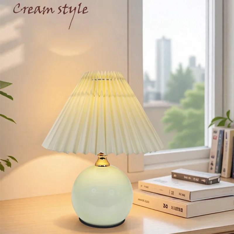 12W Pleated Table Lamp 3 Level Brightness Bedside Night Light Eye-Caring Flicker-Free Warm Light Lamp - Beige Lampshade  /  Cream Color Base, EU Plug