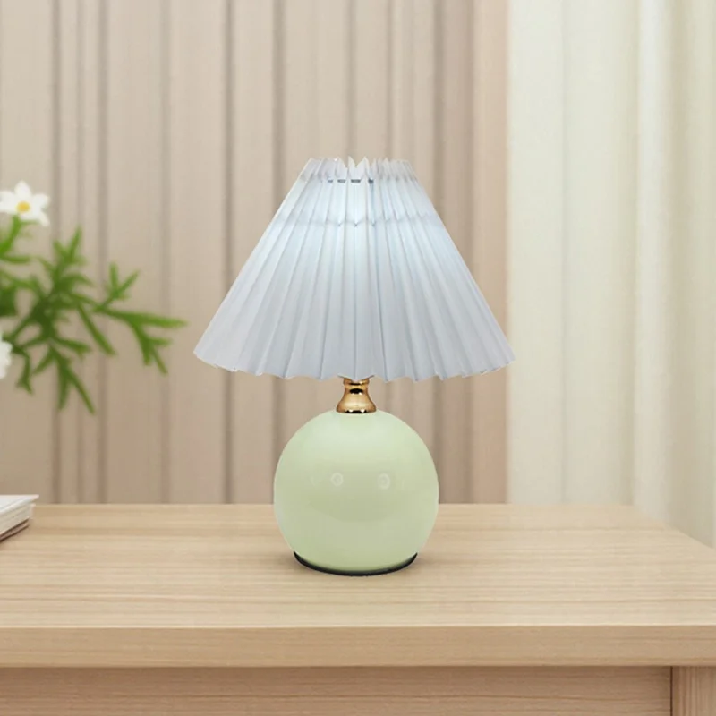 12W Pleated Table Lamp 3 Level Brightness Bedside Night Light Eye-Caring Flicker-Free Warm Light Lamp - Beige Lampshade  /  Cream Color Base, EU Plug